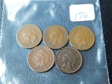 1880,81,82,83,1908, INDIAN HEAD CENTS (5-COINS) VG-XF