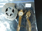 7 PIECES MISC. KNECKLACES, WATCHES, BADGE