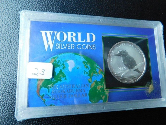 AUSTRALIAN 1-0Z. SILVER KOOKABURRA IN HOLDER REV. PF