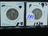 1929D,30, STANDING LIBERTY QUARTERS (2-COINS) VG-F