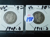 1908D,16D, BARBER QUARTERS (2-COINS) VG