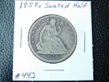 1858O SEATED HALF (OBV. SCRATCHES) VG
