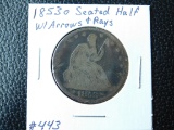 1853 W/ARROWS & RAYS SEATED HALF AG