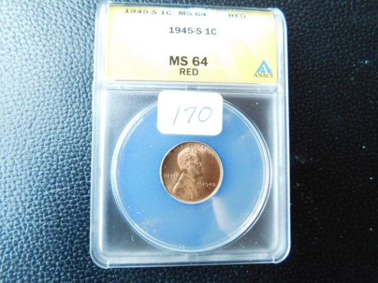 1945S LINCOLN CENT ANACS MS64 RED