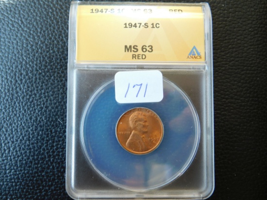 1947S LINCOLN CENT ANACS MS63 RED