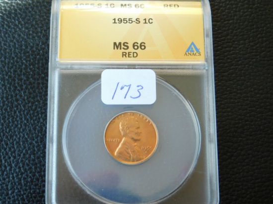 1955S LINCOLN CENT ANACS MS66 RED