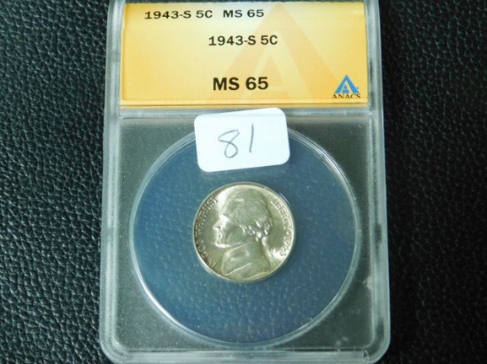 1943S JEFFERSON WAR NICKEL ANACS MS65