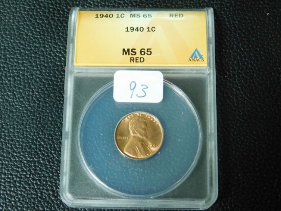 1940 LINCOLN CENT ANACS MS65 RED