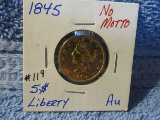 1845 NO MOTTO $5. LIBERTY AU