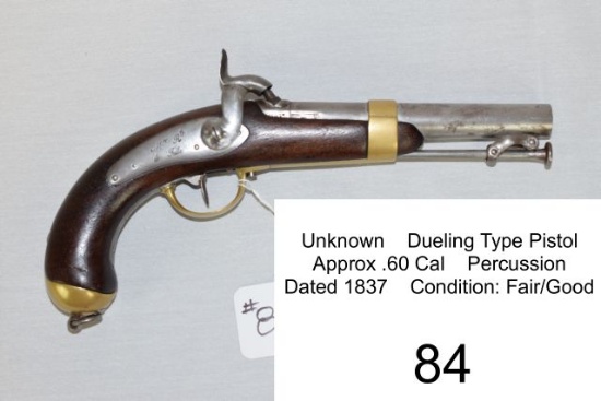 Unknown    Dueling Type Pistol    Approx .60 Cal    Percussion    Dated 183