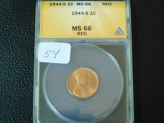 1944S LINCOLN CENT ANACS MS66 RED