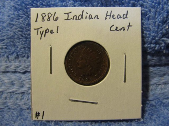 1886 TYPE-1 INDIAN HEAD CENT (SCARCE) AU+