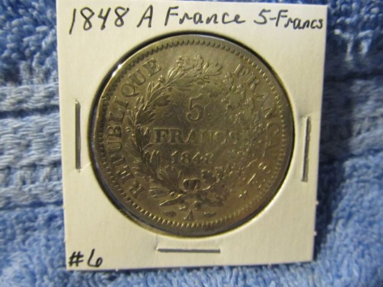 1848A FRANCE SILVER 5-FRANCS VF