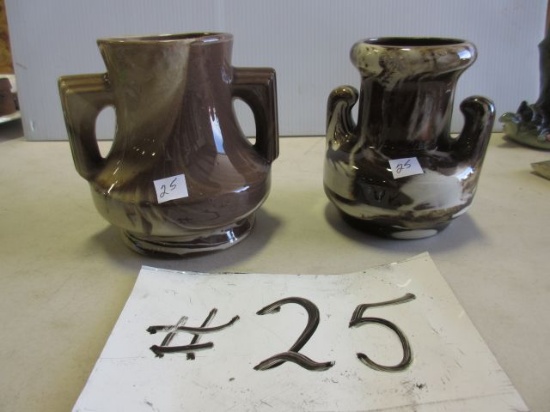 2 JUANITA WARE VASES BOTH DOUBLE HANDLED 4 3/4'' & 5'' TALL