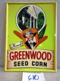GREENWOOD  SEED CORN SIGN S.S.T SELF FRAMED NEW OLD STOCK MINT COND. 18'' X24'' AWSOME GRAPICS GAURA