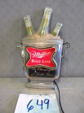 MILLER HIGH LIFE BEER SIGN LIGHTED WORKS MIDDLE BOTTLE HAS CRACK