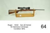 Ruger    77/22    Cal .22 Hornet    W/ Simmons 3-9 Scope    Condition: 90%