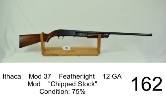 Ithaca    Mod 37    Featherlight    12 GA    Mod    “Chipped Stock”    Condition: 75%