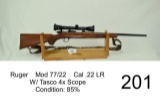 Ruger    Mod 77/22    Cal .22 LR    W/ Tasco 4x Scope    Condition: 85%