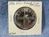 1986 ELLIS ISLAND 1-OZ. .999 SILVER ROUND PF
