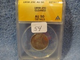 1858 SEATED QUARTER ANACS AU50-DETAILS CLEANED
