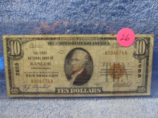 1929 $10. NATIONAL CURRENCY NOTE BANGOR, PA VG