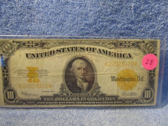 1922 $10. GOLD CERTIFICATE VG