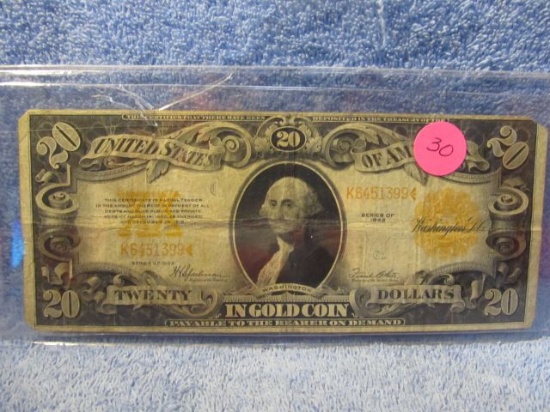1922 $20. GOLD CERTIFICATE VG