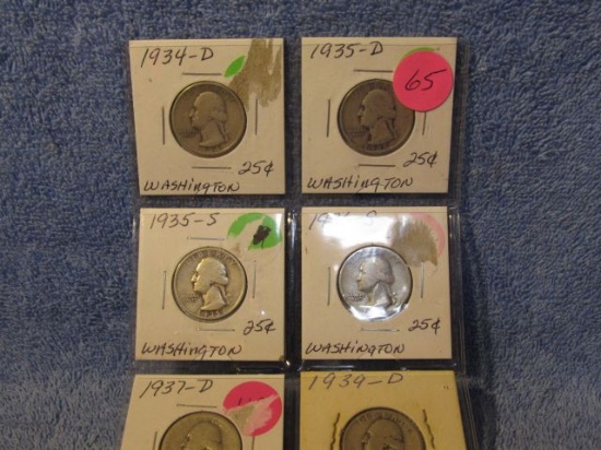 1934D,35D,35S,36S,37D,39D, WASHINGTON QUARTERS (6-COINS)