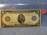 1914 $5. FEDERAL RESERVE NOTE WHITE/MELLON AU