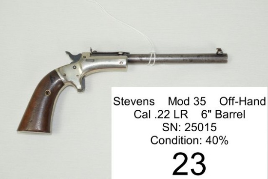 Stevens    Mod 35    Off-Hand    Cal .22 LR    6" Barrel    SN: 25015    Condition: 40%