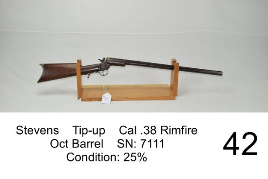 Stevens    Tip-up    Cal .38 Rimfire    Oct. Barrel    SN: 7111    Condition: 25%