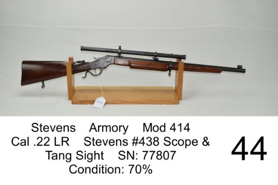 Stevens    Armory    Mod 414    Cal .22 LR    Stevens #438 Scope & Tang Sight    SN: 77807    Condit