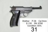 Walther    P-38    Cal 9mm    E-135    SN: 8780    Condition: 65%