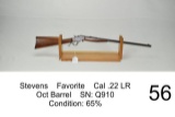 Stevens    Favorite    Cal .22 LR    Oct Barrel    SN: Q910    Condition: 65%