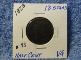 1828 HALF CENT 13-STARS VG