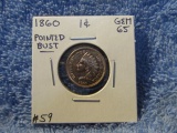 1860 POINTED BUST INDIAN HEAD CENT (SHARP) BU