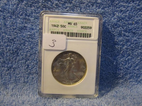 1942 WALKING LIBERTY HALF ANACS MS65