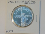 1986 ELLIS ISLAND 1-OZ. .999 SILVER ROUND PF