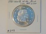 1981 WORLD WIDE MINT 1-OZ. .999 SILVER ROUND BU