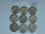 9 DIFFERENT STANDING LIBERTY QUARTERS 1925-30S VG-VF