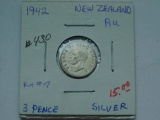 1942 NEW ZEALAND SILVER 3-PENCE AU