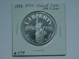 1986 ELLIS ISLAND 1-OZ. .999 SILVER ROUND PF