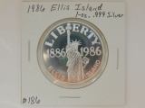 1986 ELLIS ISLAND 1-OZ. .999 SILVER ROUND PF