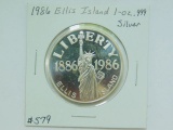 1986 ELLIS ISLAND 1-OZ. .999 SILVER ROUND PF