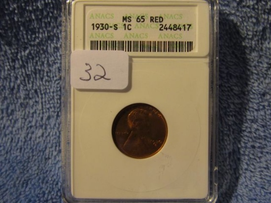 1930S LINCOLN CENT ANACS MS65 RED