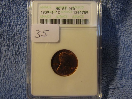 1939S LINCOLN CENT ANACS MS67 RED