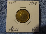 1854 $3. GOLD PC. VF