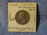 1942D DDO-001 WASHINGTON QUARTER G+