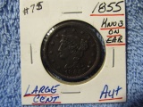 1855 LARGE CENT KNOB ON EAR AU+